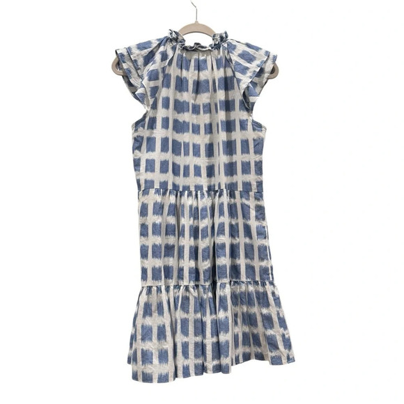Veronica Beard Zee Ikat Ruffle Tiered Cotton Mini Dress Boho White Blue Sz 4 - Picture 13 of 15